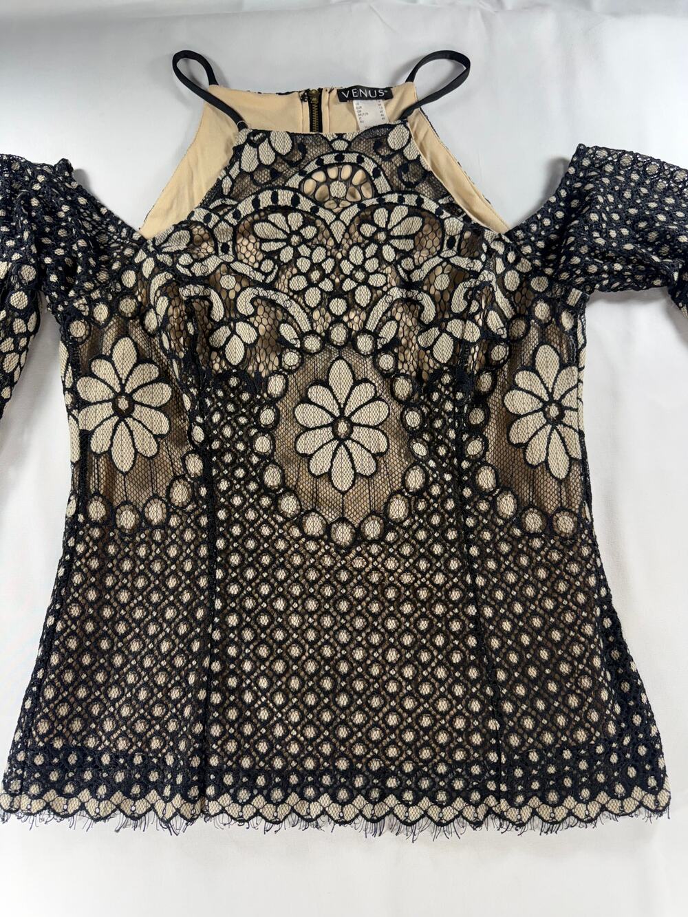 VENUS Black Lace Cold Shoulder Top | Nude Lining | Zip Front | Size 6